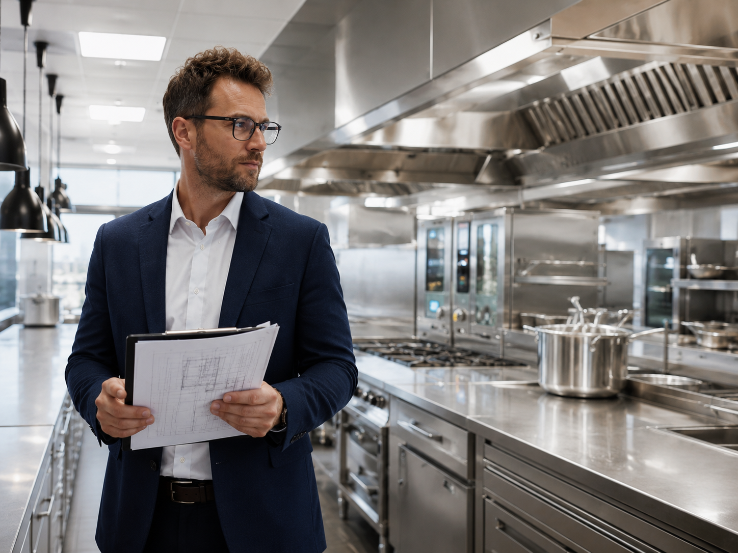 Projektant z rysunkami w wyposażonej kuchni lokalu gastronomicznego